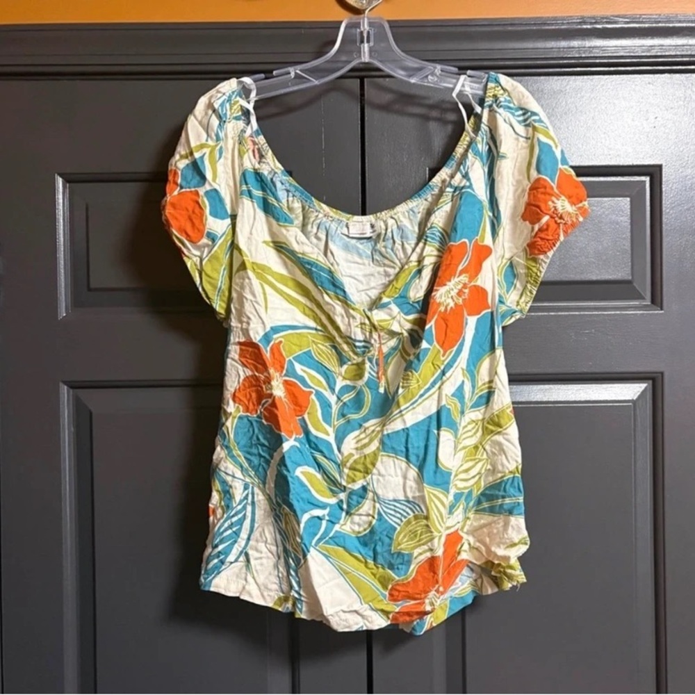 Scoop Neck Floral Women's Blouse in Cream with Orange & Teal